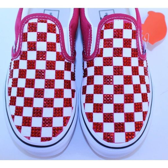 Vans Checkerboard Classic Slip-On Red White Crystal Sneakers Girls Size 2 M NEW - Picture 9 of 12